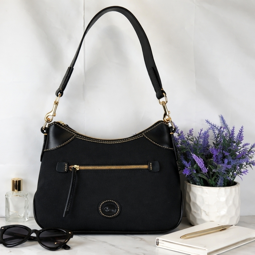 Dooneyβ & Bourke Hobo Black Nylon Shoulder Small Bag with Gold Details